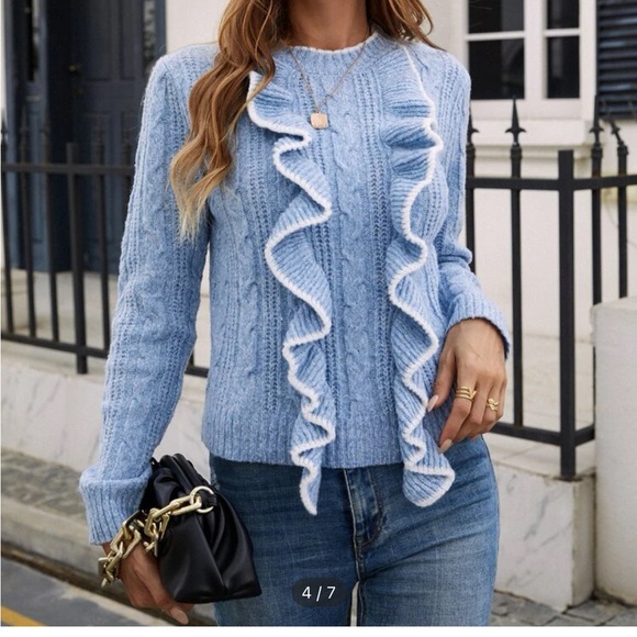 Sky blue sweater with ruffle detail - Picture 3 of 4